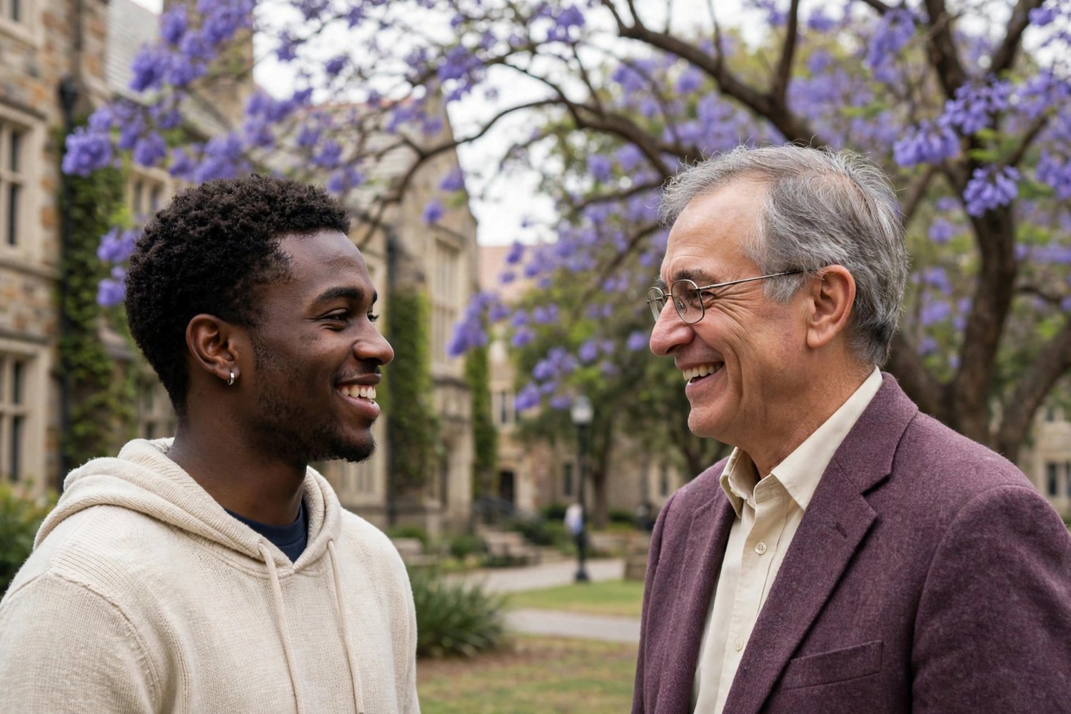 A college student in conversation with his coach on campus